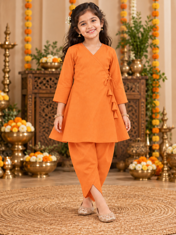 Girls' Orange Cotton Kurti with Tulip pant Set – Solid