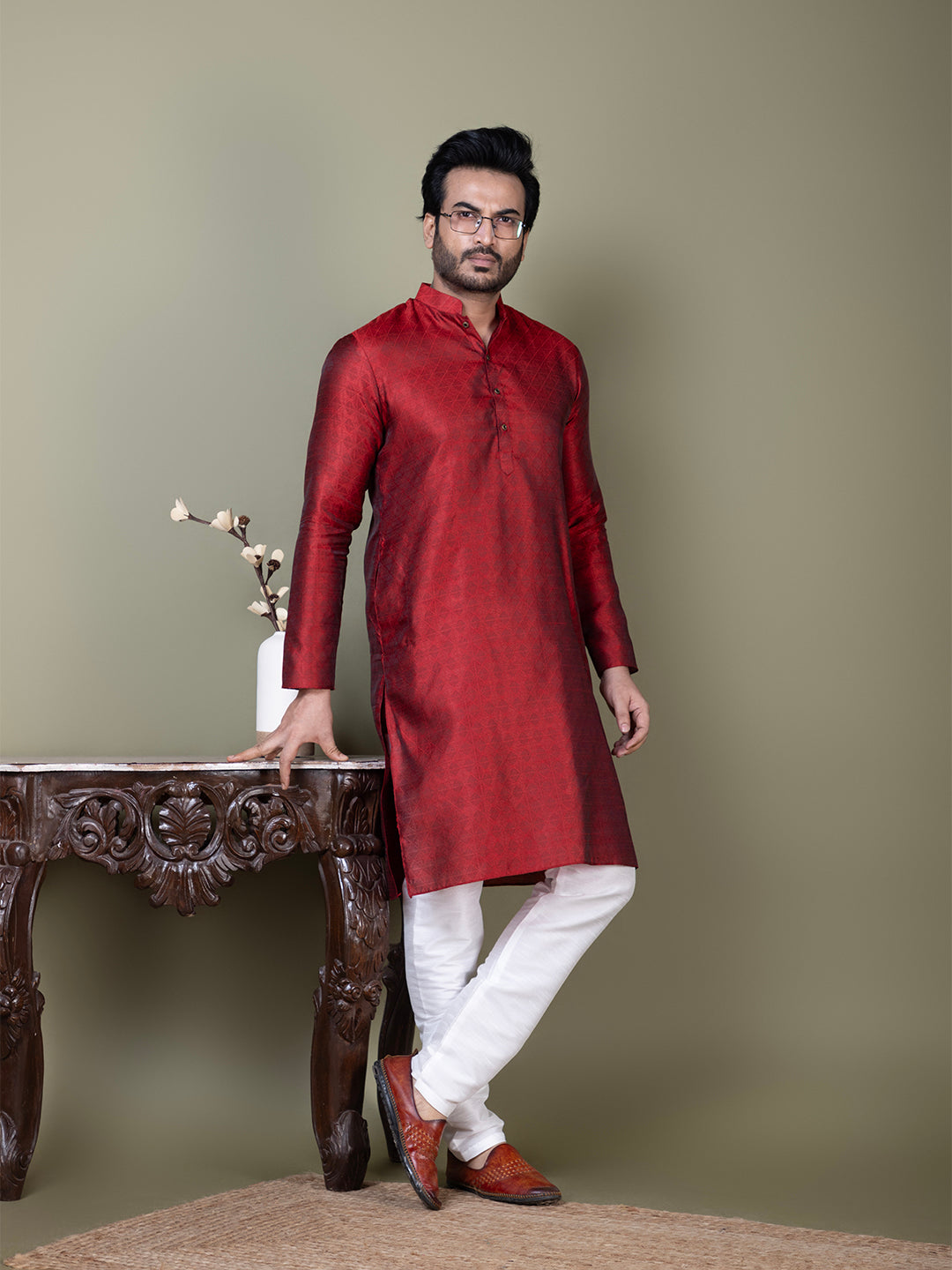 [BH] Men's Turquoise Red Design Jacquard Kurta Set