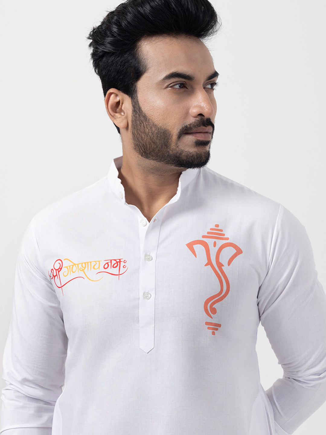 Men's White Cotton Kurta Set – Ethnic Print