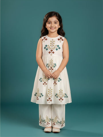 Girls' Off-White Art Silk Kurti Palazzo Set – Printed