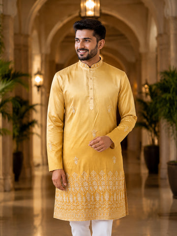 [NW] Men's Yellow Embroidered Cotton Silk Kurta Set