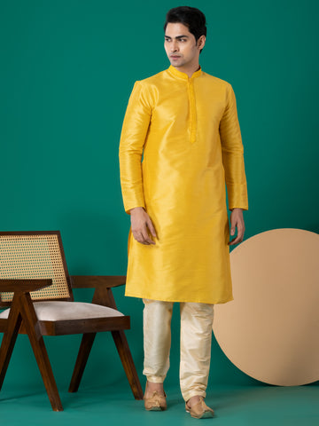 Woven Design Mandarin Collar Thread Work Straight Kurta With Pyjama Set