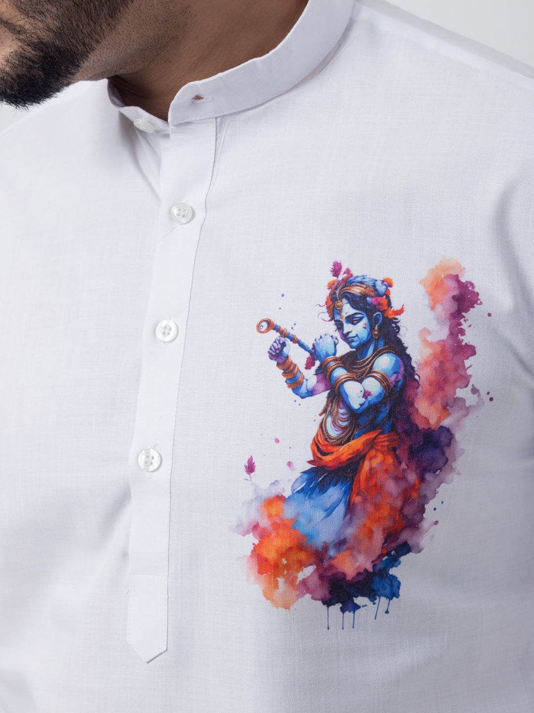 Men's White Cotton Kurta Set – Lord Krishna Print