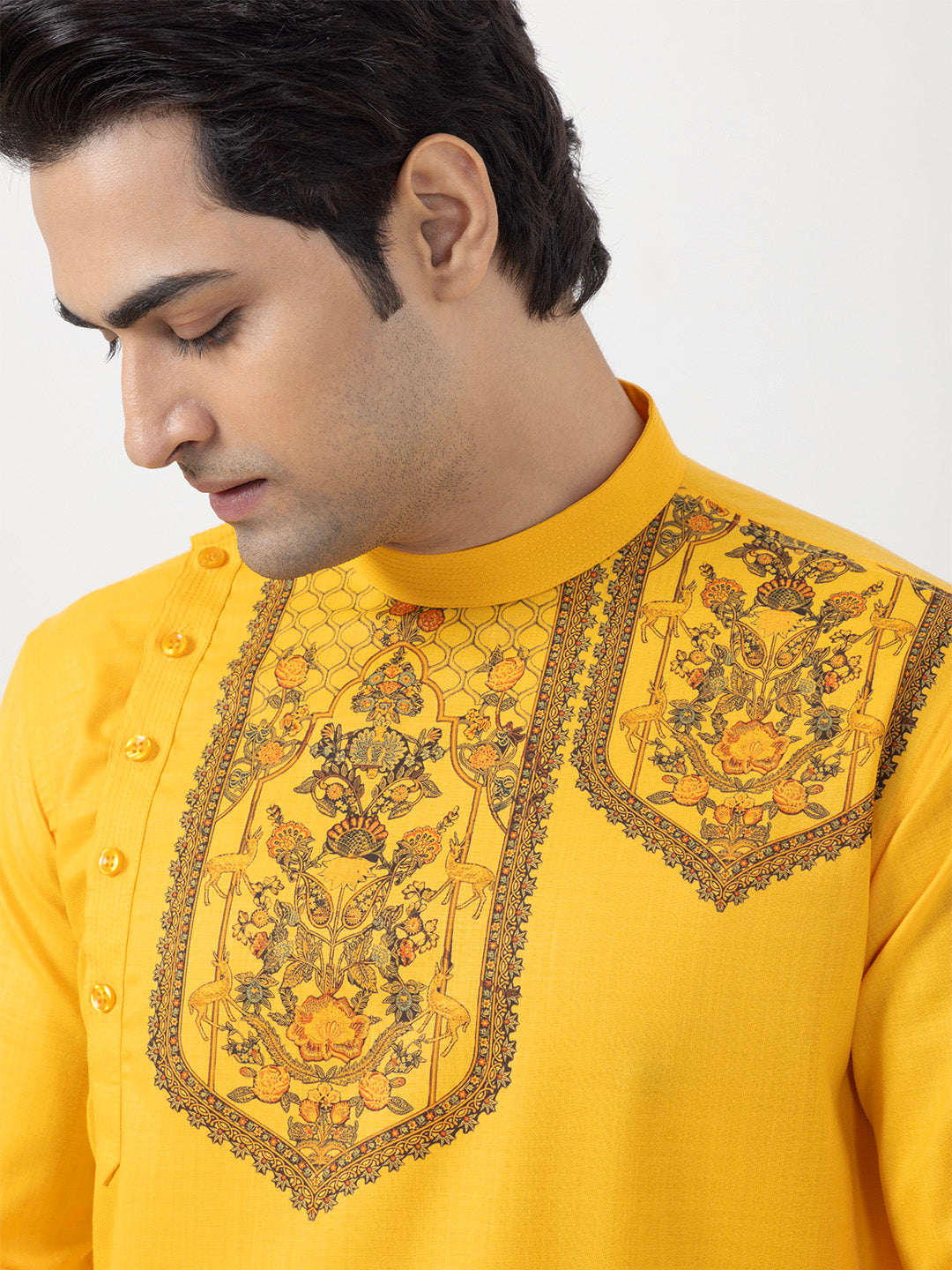 Mens Mustard Side Placket Printed Kurta-Pyjama Set