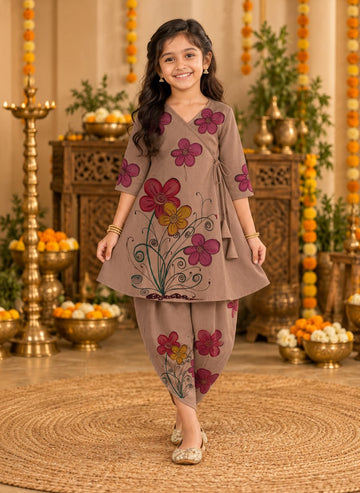 Girls' Brown Cotton Kurti with Tulip pant Set – Printed