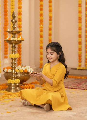 Girls' Mustard Cotton Kurti with Tulip pant Set – Solid