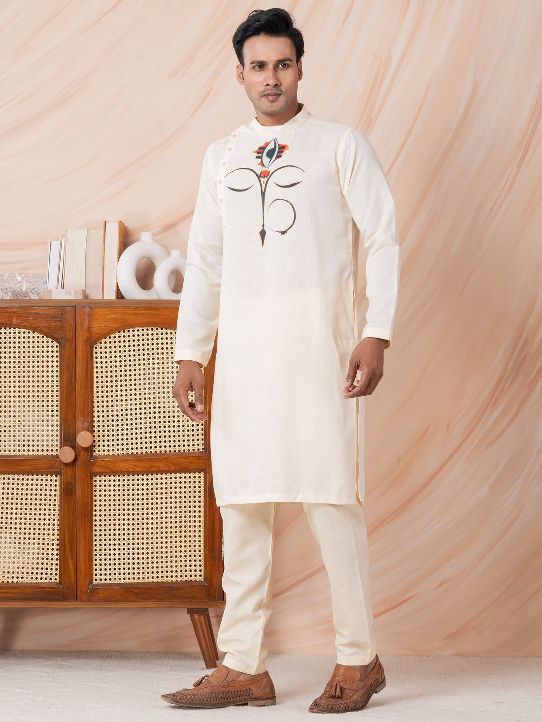 Mens Beige Side Placket Printed Kurta With Pyjama Set