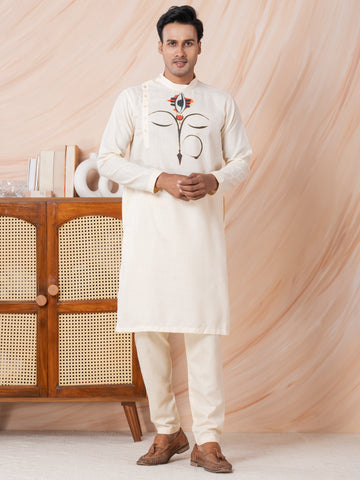 Mens Beige Side Placket Printed Kurta With Pyjama Set