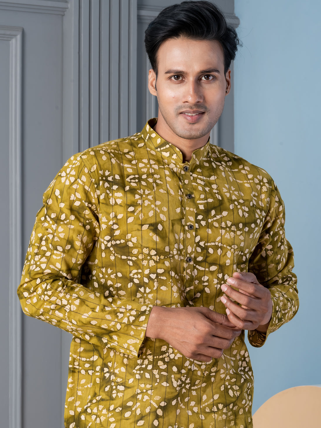 [RM] Men's Mustard Ajrakh Printed Pure Cotton Kurta