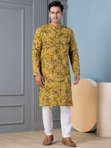[RM] Men's Mustard Ajrakh Printed Pure Cotton Kurta