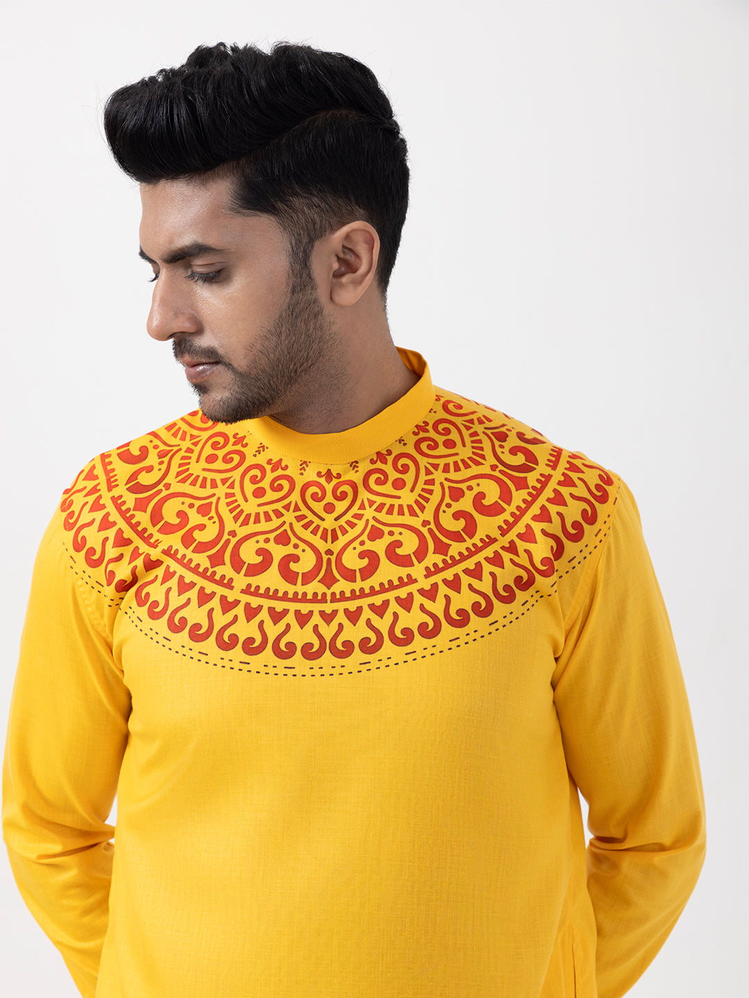 Mens Lime Green Side Placket Printed Kurta-Pyjama Set