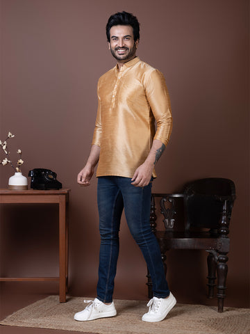 [DPS] Men's Beige Solid Art Silk Short Kurta