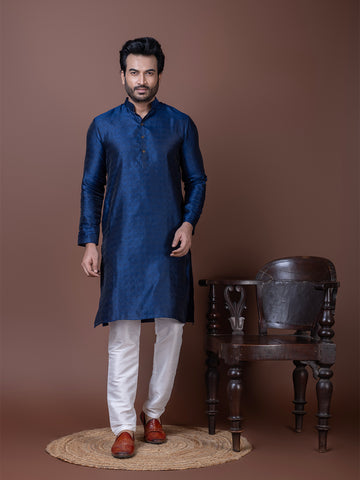[BH] Men's Navy Blue Self Design Jacquard Kurta Set