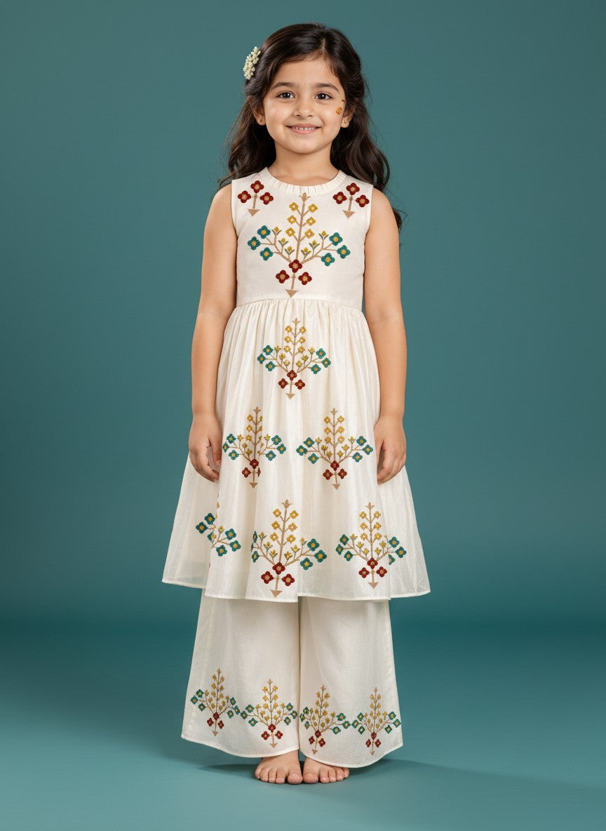 Girls' Off-White Art Silk Kurti Palazzo Set – Printed