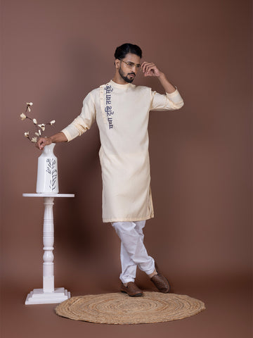 Mens Beige Side Placket Printed Kurta With Pyjama Set