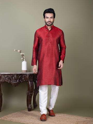 [BH] Men's Turquoise Red Design Jacquard Kurta Set