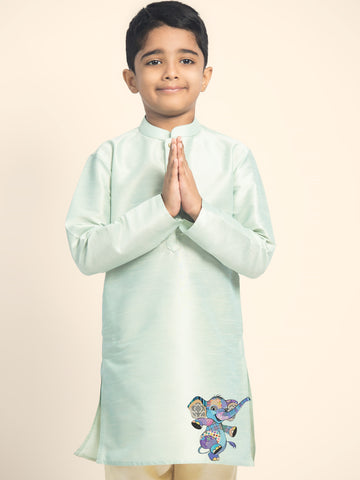 Boys Green Printed Kurta with Beige Pyjama Set