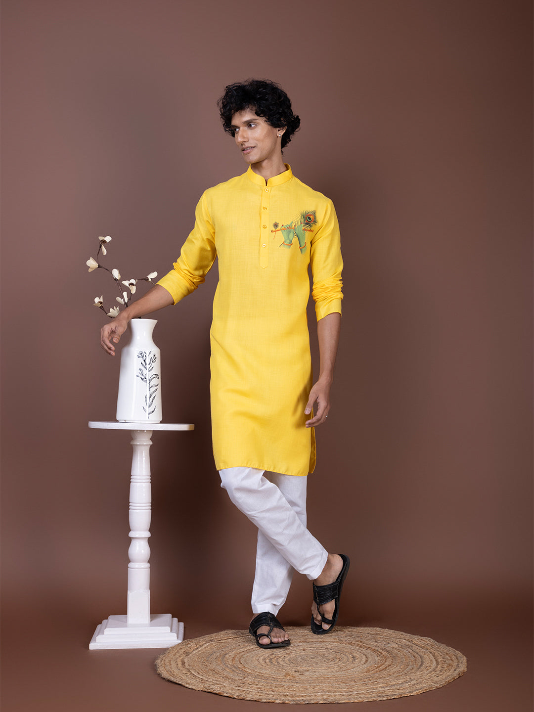 Mens Yellow Printed Kurta Pyjama Set