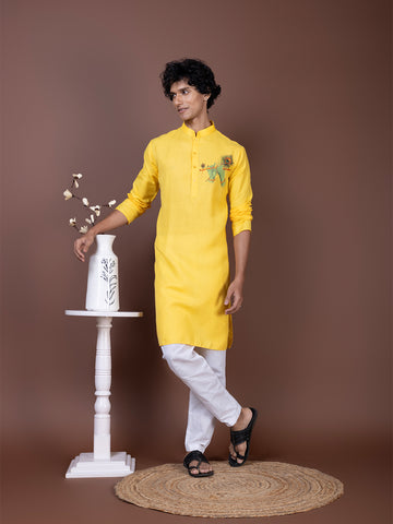 Mens Yellow Printed Kurta Pyjama Set