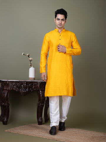 [BH] Men's Yellow Self Design Jacquard Kurta Set