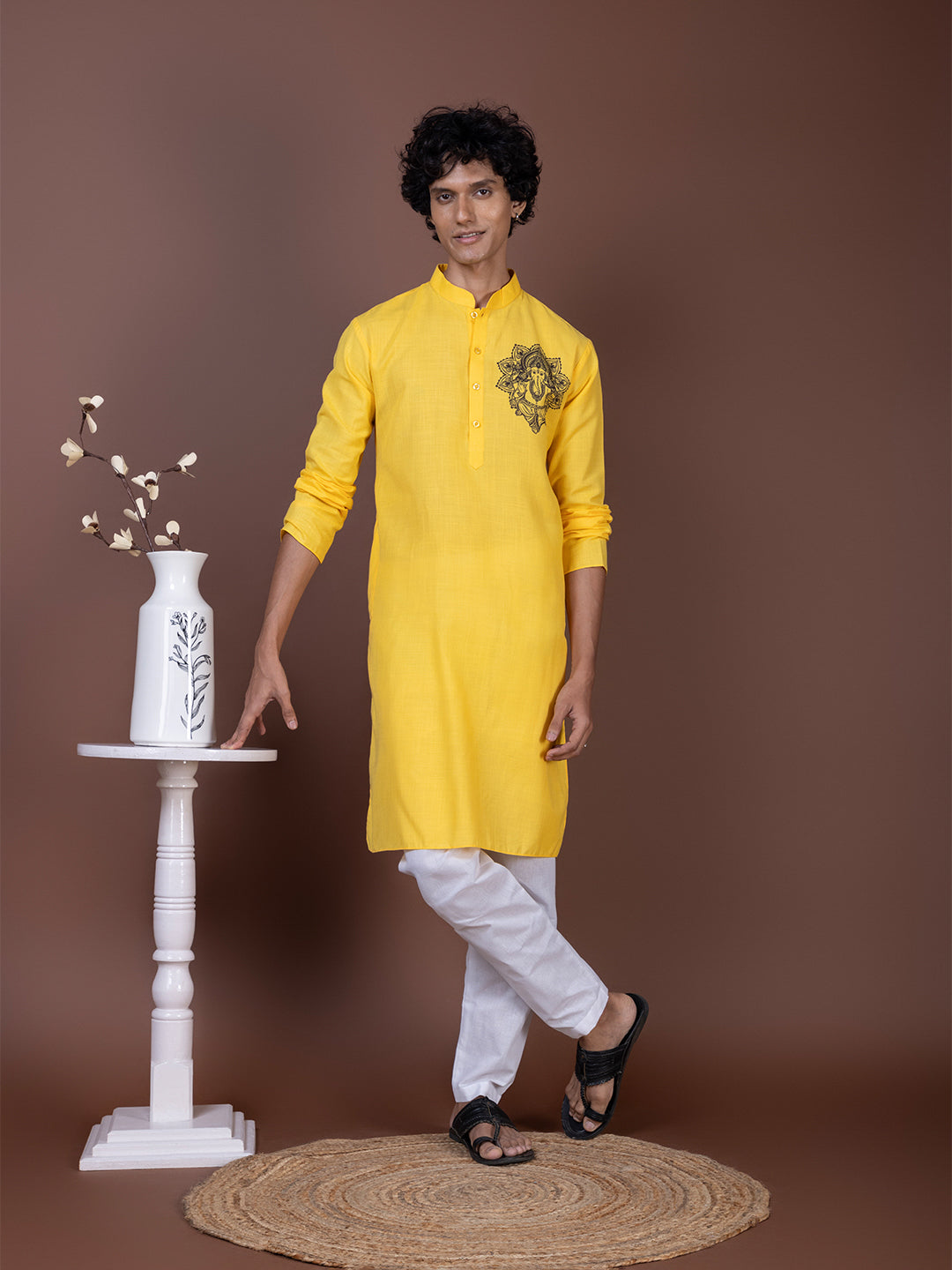 Men's Yellow Cotton Kurta Set – Lord Ganesha Print