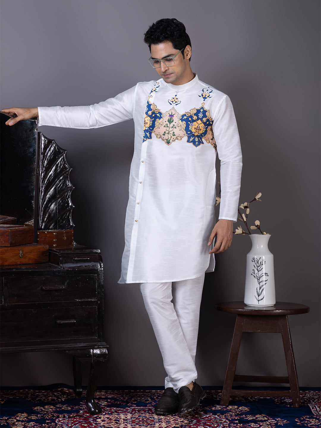 Men’s White Dupion Silk Kurta Pyjama with Printed Pattern