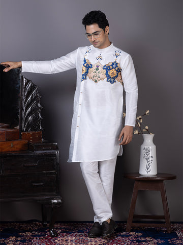 Men’s White Dupion Silk Kurta Pyjama with Printed Pattern