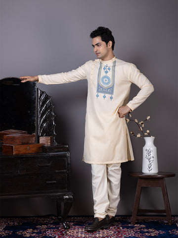 Mens Beige Side Placket Printed Kurta Whit Pyjama Set