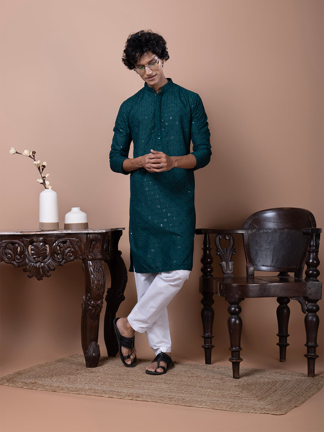 Mens Green Chikankari Kurta with Pyjama