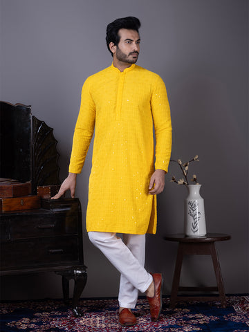 Mens Yellow Chikankari Kurta with Pyjama