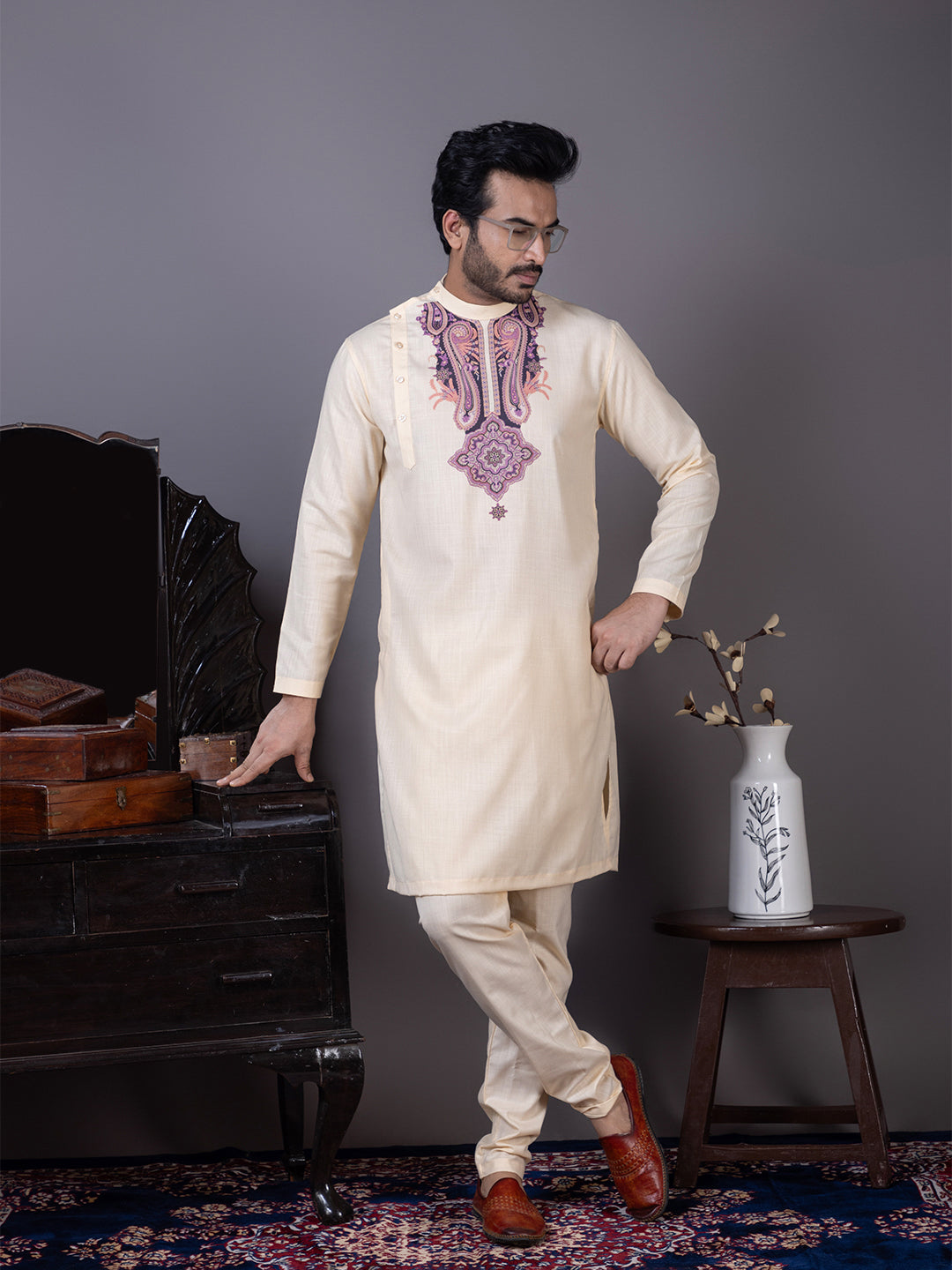 Mens Beige Side Placket Printed Kurta With Pyjama Set