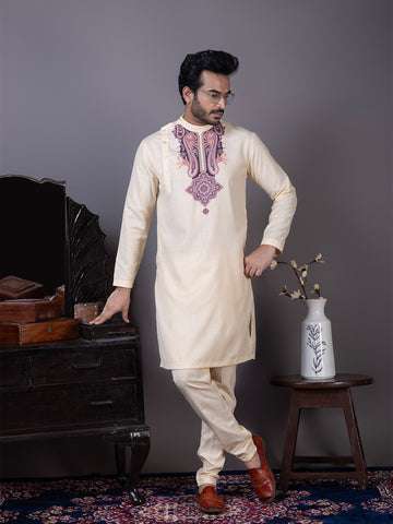 Mens Beige Side Placket Printed Kurta With Pyjama Set