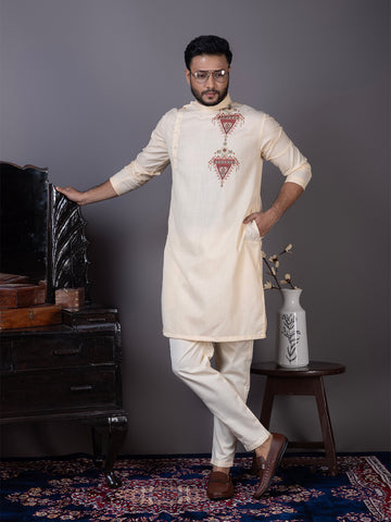 Mens Beige Side Placket Printed Kurta With Pyjama Set