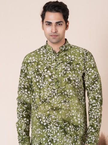 [RMS] Men's Green Ajrakh Printed Pure Cotton Short Kurta