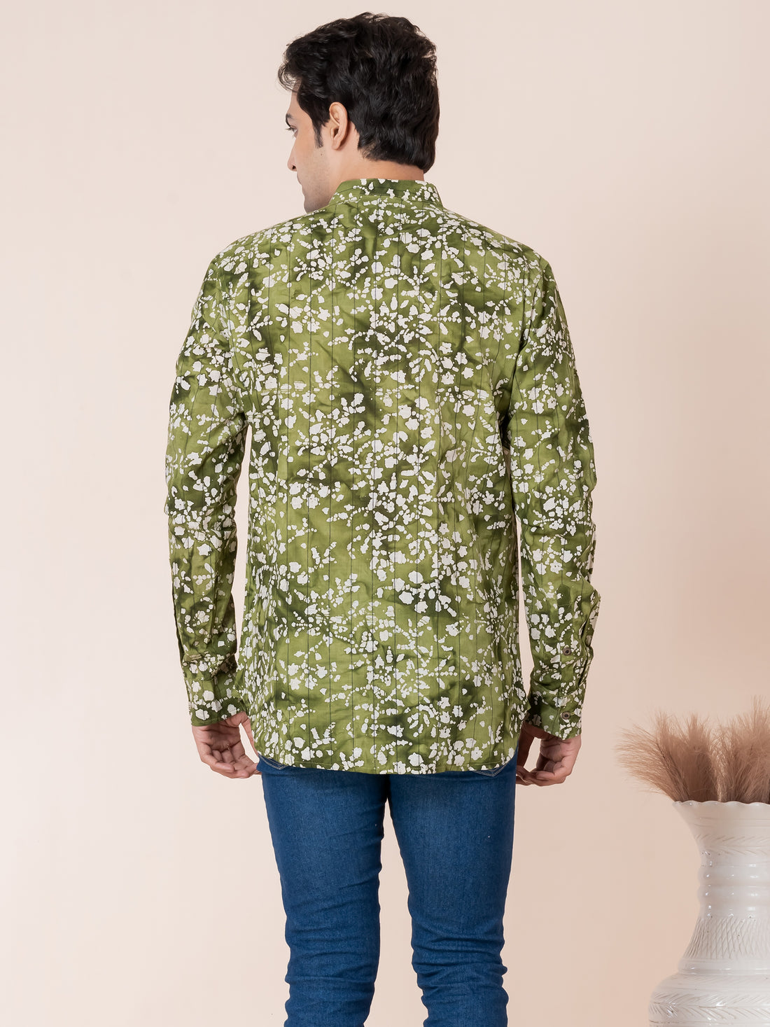 [RMS] Men's Green Ajrakh Printed Pure Cotton Short Kurta