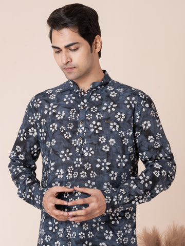 [RMS] Men's Nave Blue Ajrakh Printed Pure Cotton Short Kurta