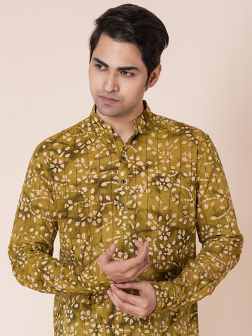 [RMS] Men's Mustard Ajrakh Printed Pure Cotton Short Kurta