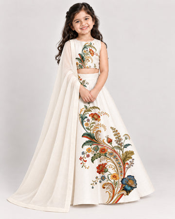 Girls' Off-White Art Silk Lehenga Set – Printed