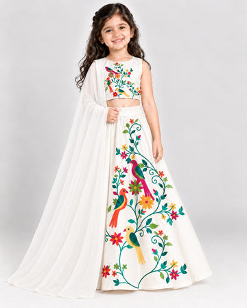 Girls' Off-White Art Silk Lehenga Set – Printed