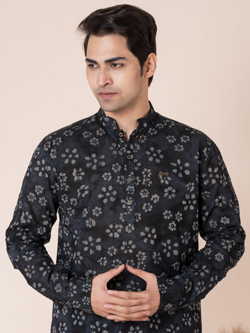 [RMS] Men's Black Ajrakh Printed Pure Cotton Short Kurta