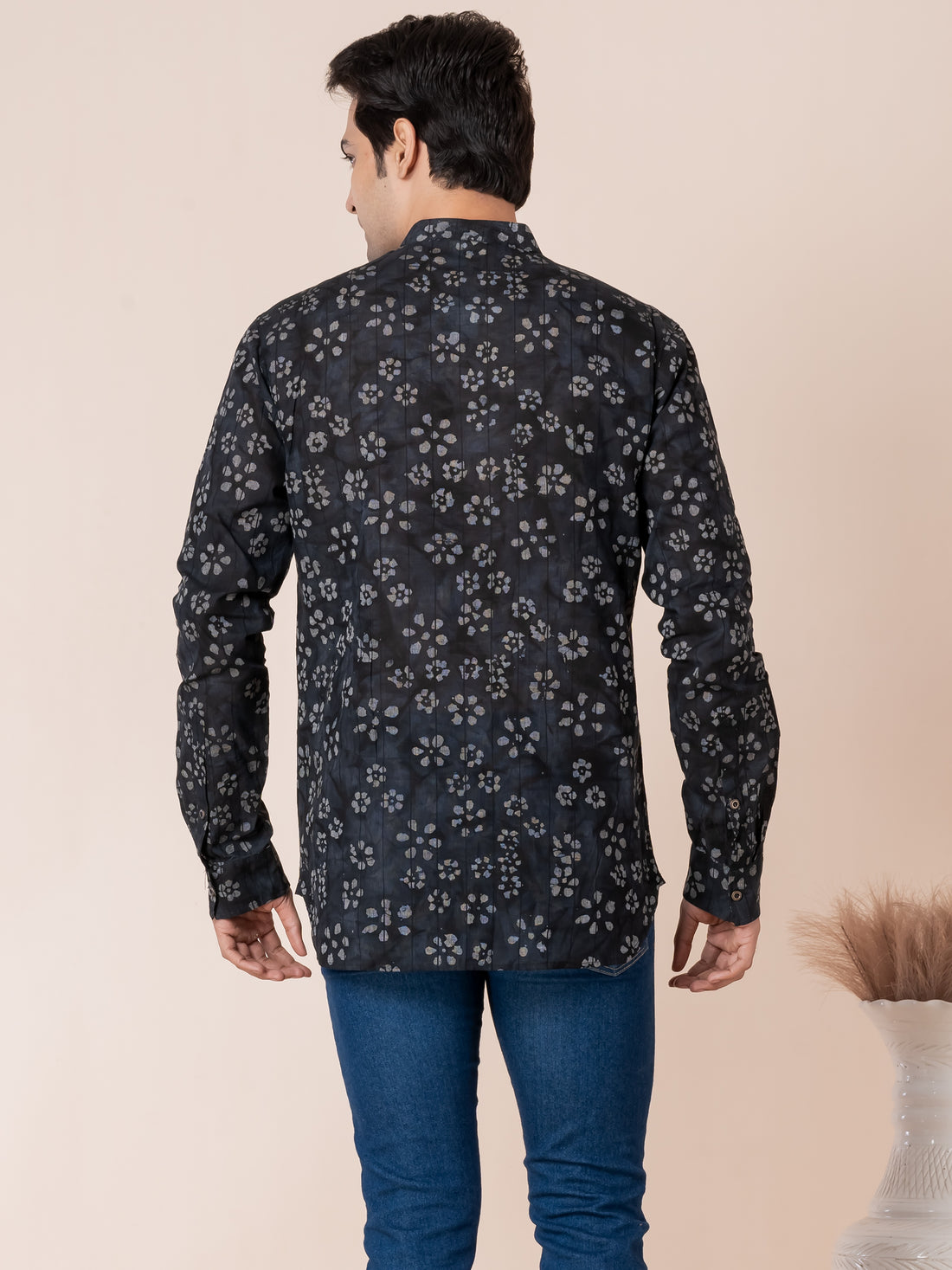 [RMS] Men's Black Ajrakh Printed Pure Cotton Short Kurta