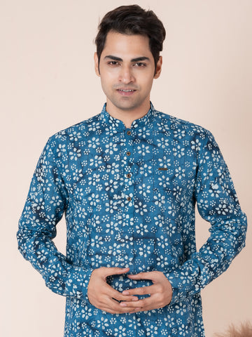 [RMS] Men's Blue Ajrakh Printed Pure Cotton Short Kurta
