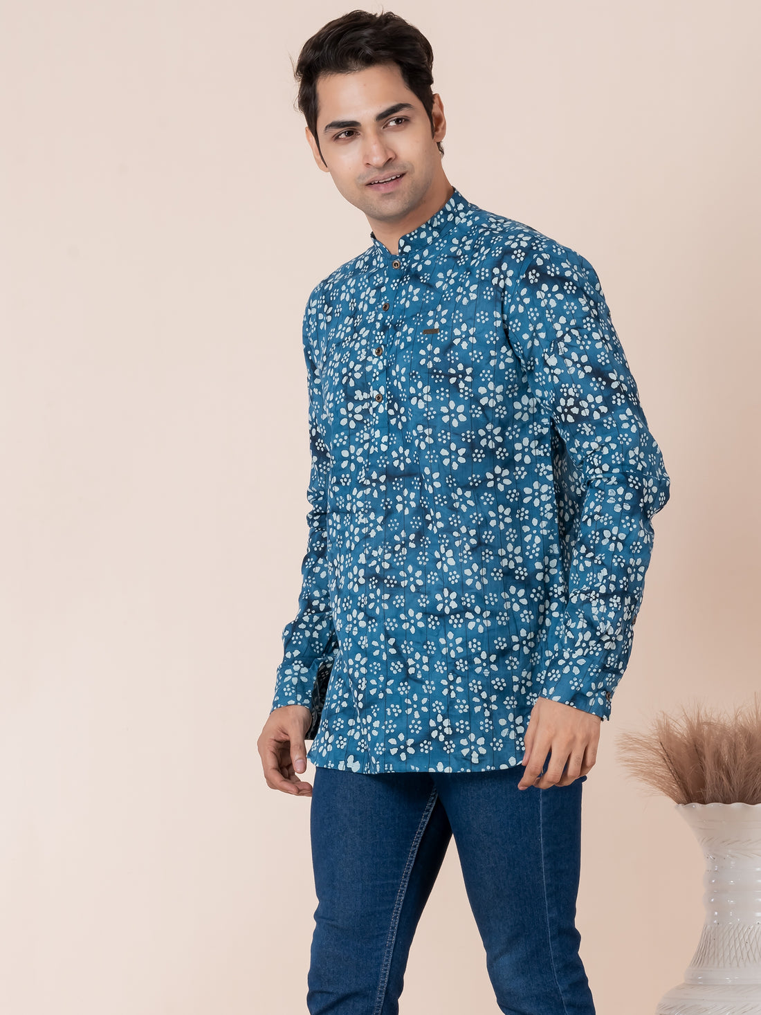 [RMS] Men's Blue Ajrakh Printed Pure Cotton Short Kurta