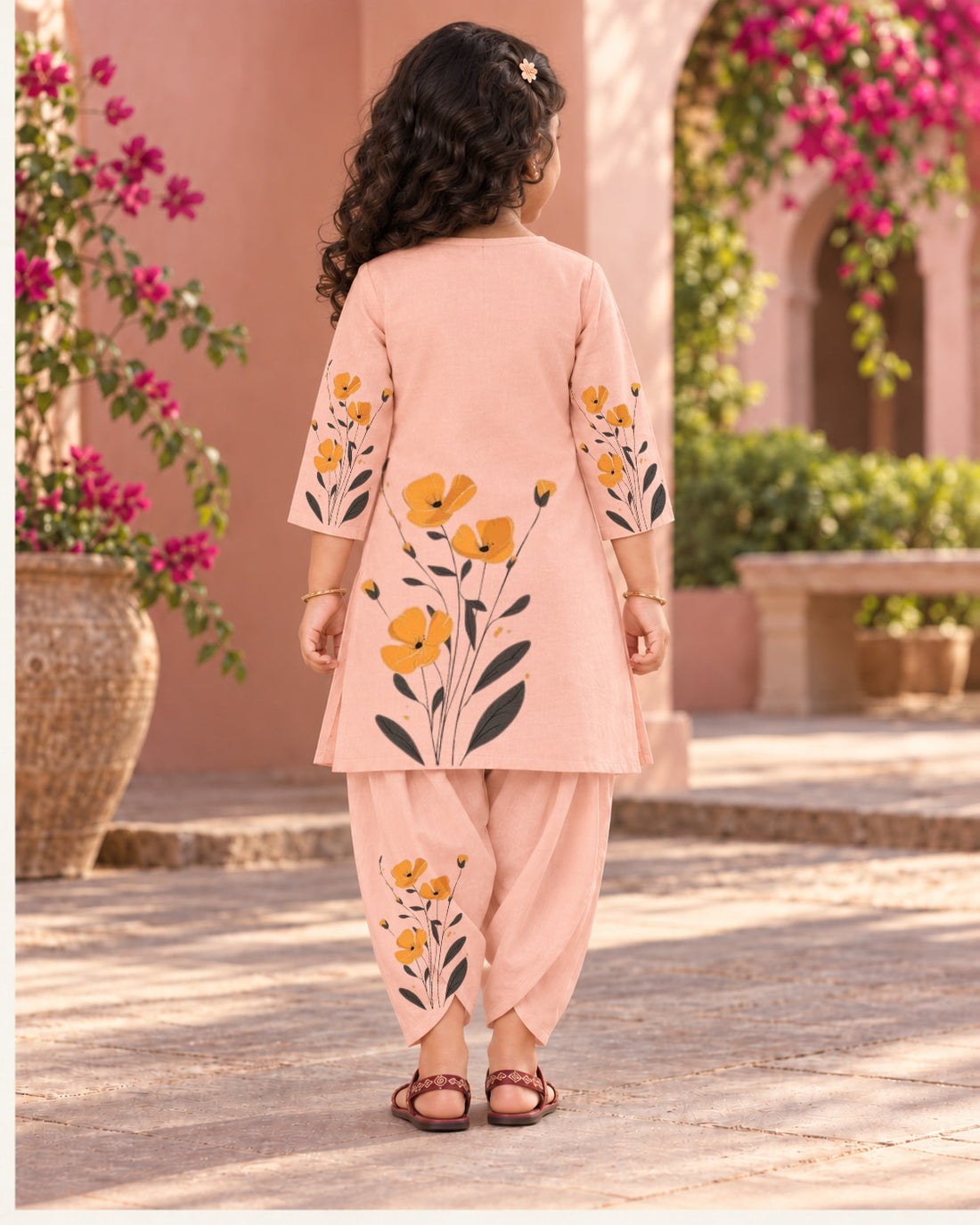 Girls' Peach Cotton Kurti with Tulip pant Set – Printed