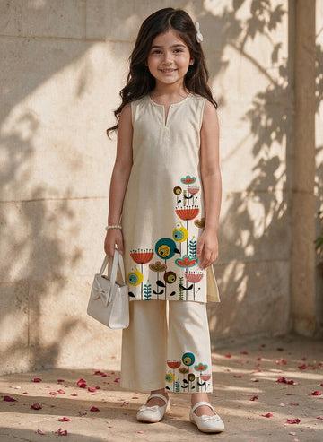 Girls' Beige Cotton Kurti and Semi Palazzo Set – Printed