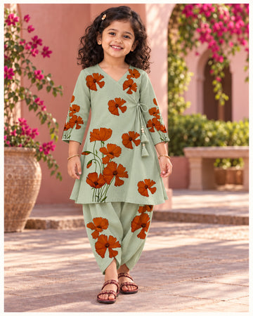 Girls' Green Cotton Kurti with Tulip pant Set – Printed