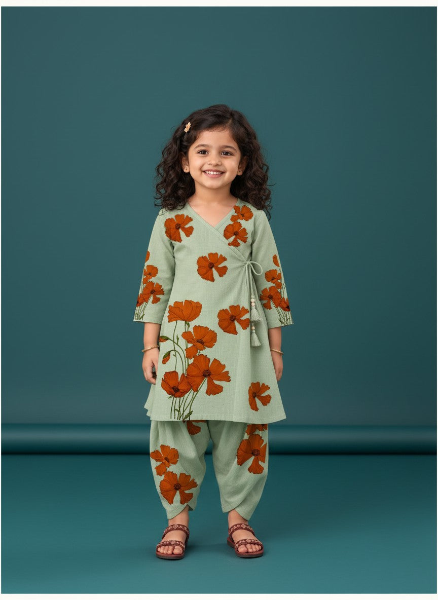 Girls' Green Cotton Kurti with Tulip pant Set – Printed