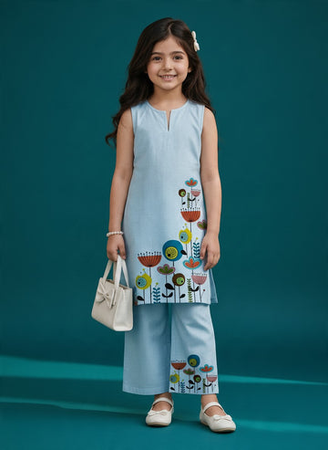 Girls' Sky Blue Cotton Kurti and Semi Palazzo Set – Printed