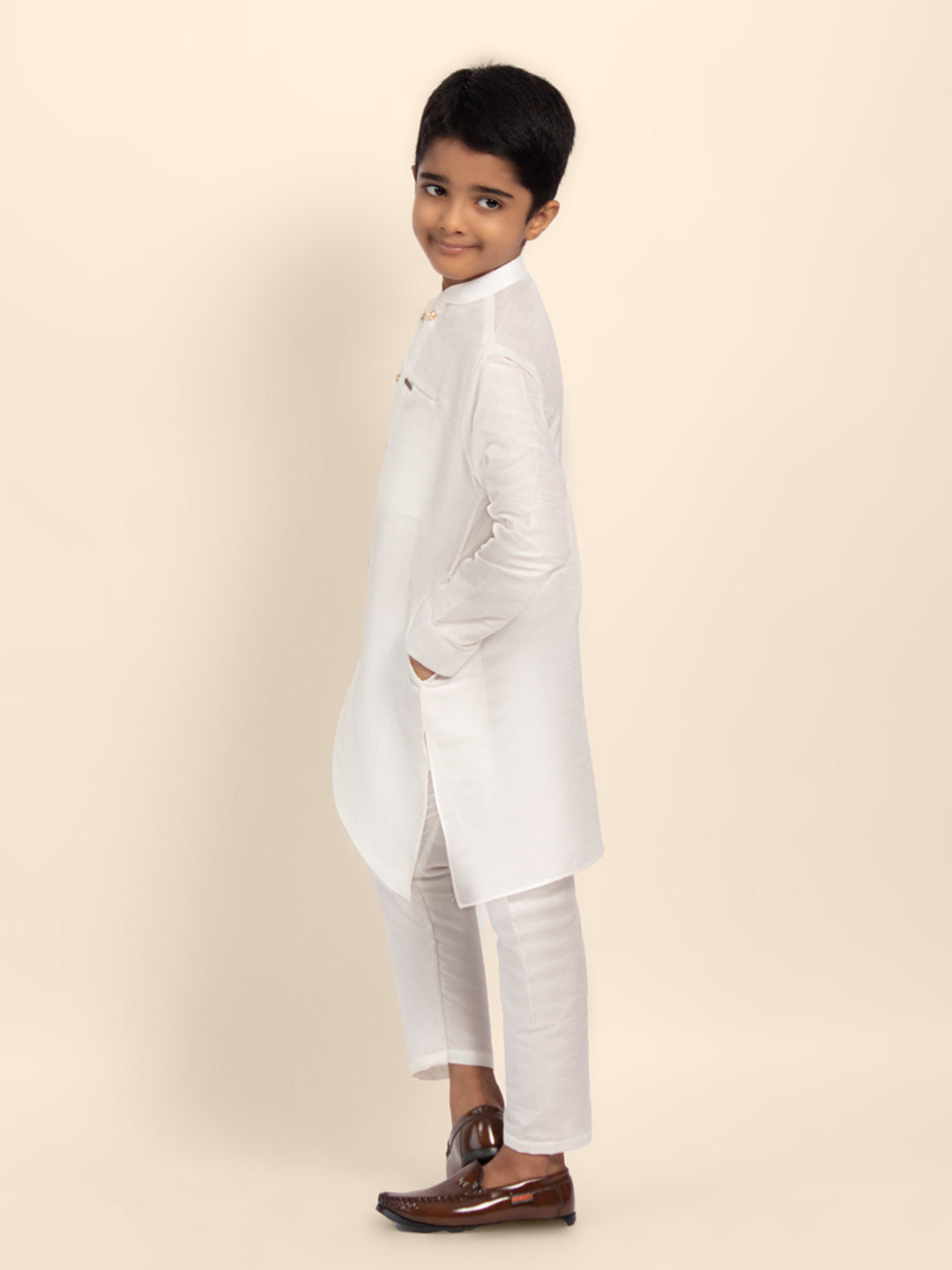 Boys White Designer Kurta with Pyjama Set