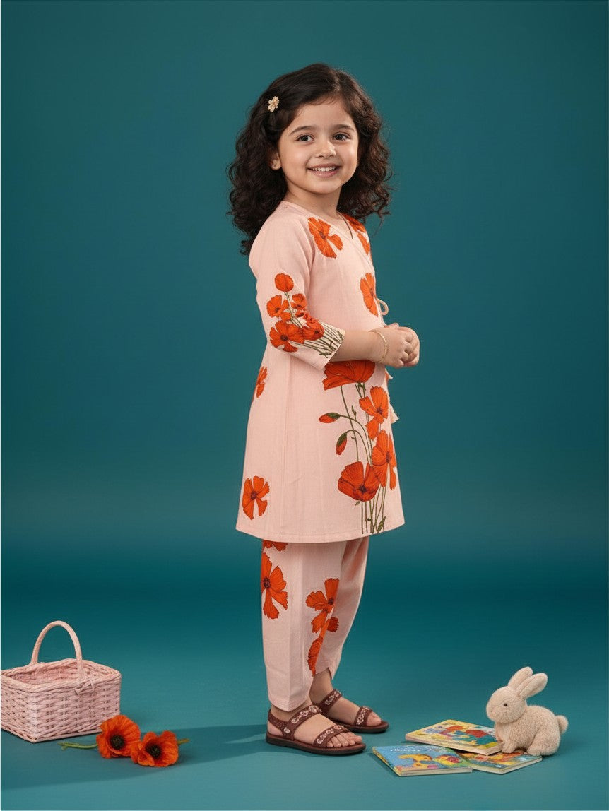 Girls' Peach Cotton Kurti with Tulip pant Set – Printed